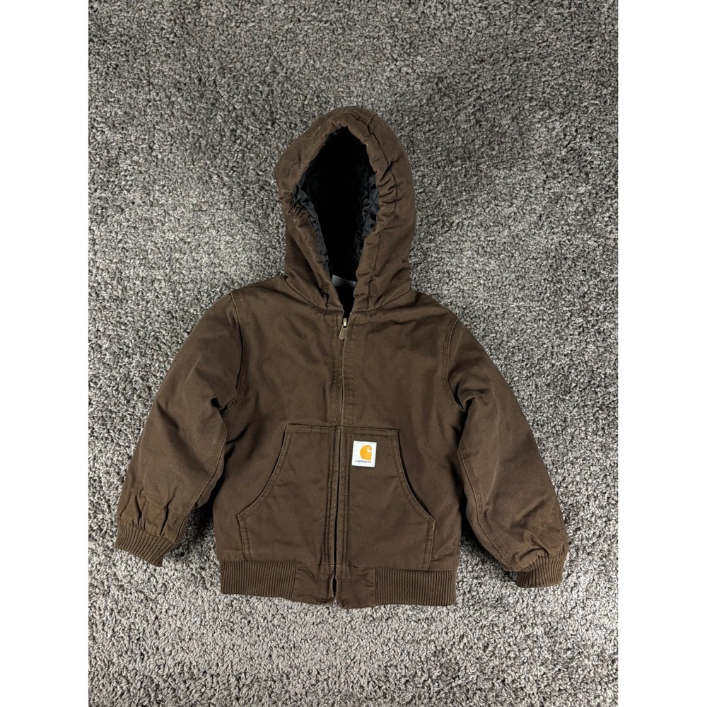 Carhartt Boys Brown Duck Canvas Quilted Hooded Active Jacket Size XXS 4-5